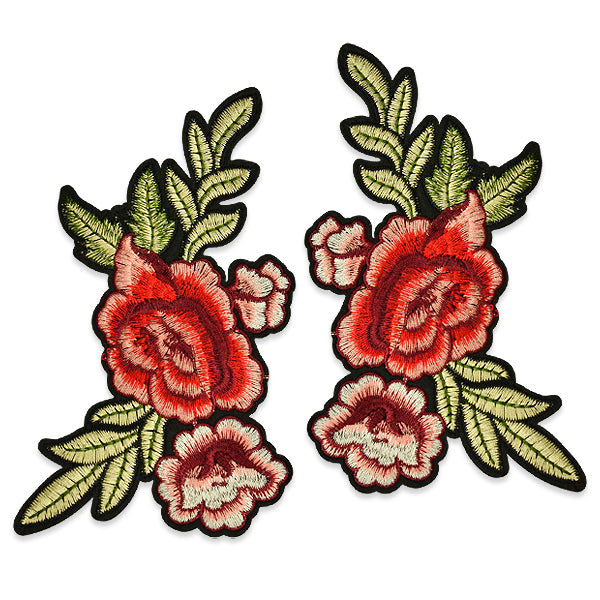Janna Iron On Embroidered Rose Applique/Patch Pair - Red Iron-on Embroidered Appliques