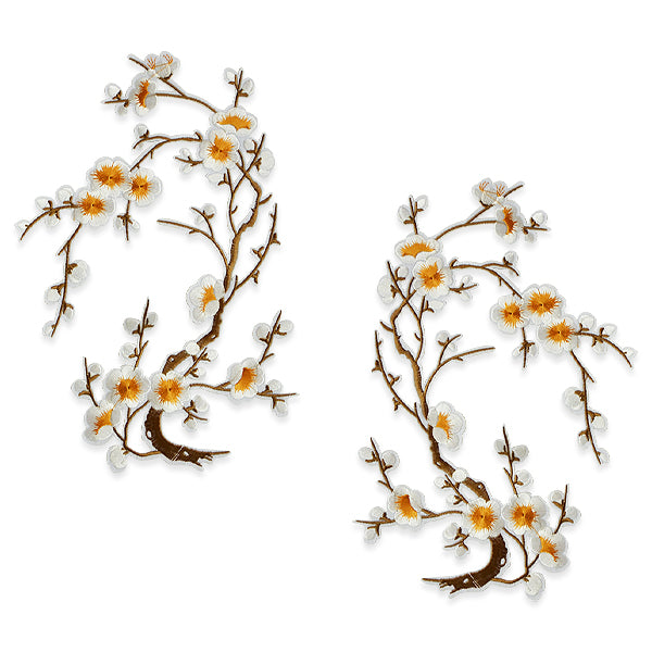 Pretty Plum Blossom Pair Iron On Embroidered Applique/Patch Patch Ivory Flower Appliques