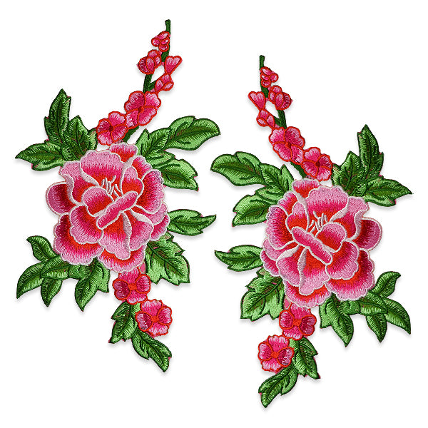 Draya Iron On Embroidered Large Flower Pair Applique/Patch Patch Pink Appliques