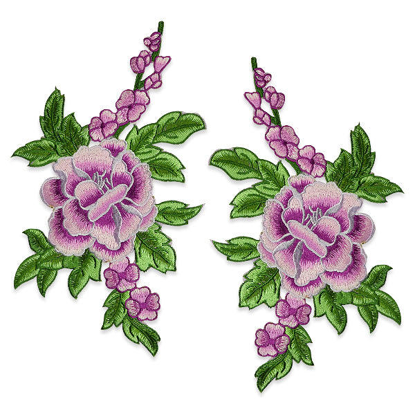 Draya Iron On Embroidered Large Flower Pair Applique/Patch Patch Purple Appliques