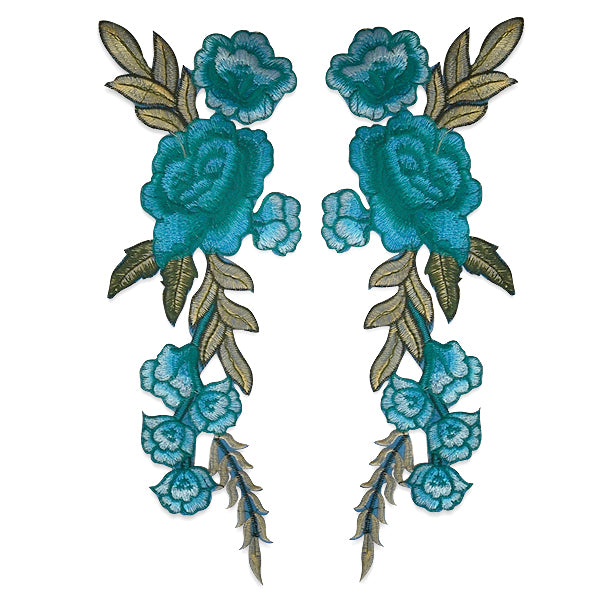 Xyla Bright Iron On Embroidered Flower Pair Applique/Patch Patch Blue Appliques