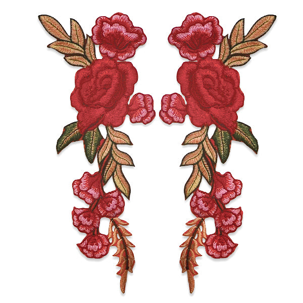 Xyla Bright Iron On Embroidered Flower Pair Applique/Patch Patch Red Appliques