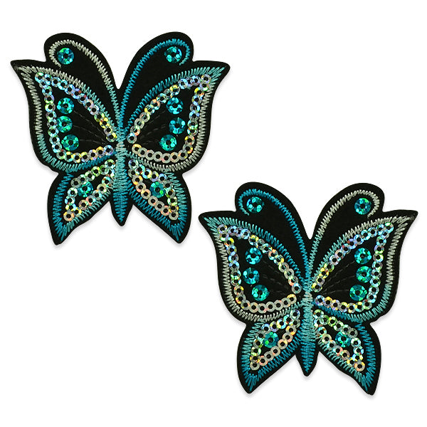Pair of Brendan Sequin Embroidered Iron On Butterflies Blue Appliques
