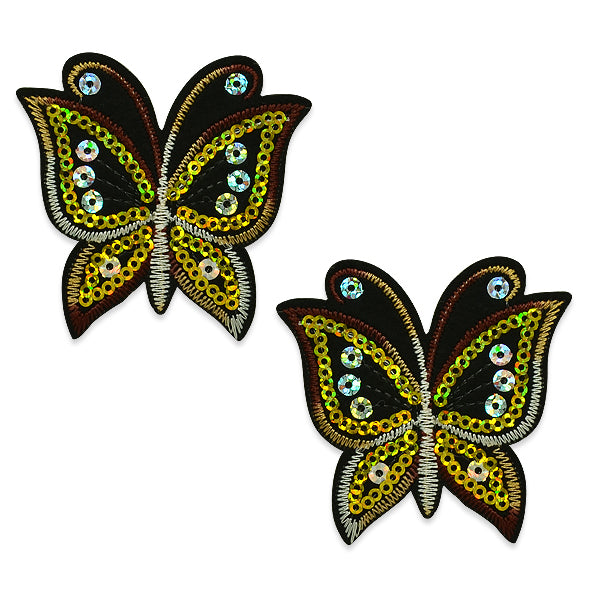 Pair of Brendan Sequin Embroidered Iron On Butterflies Brown Appliques