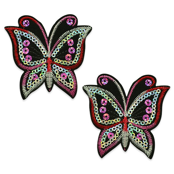 Pair of Brendan Sequin Embroidered Iron On Butterflies Fuchsia Appliques
