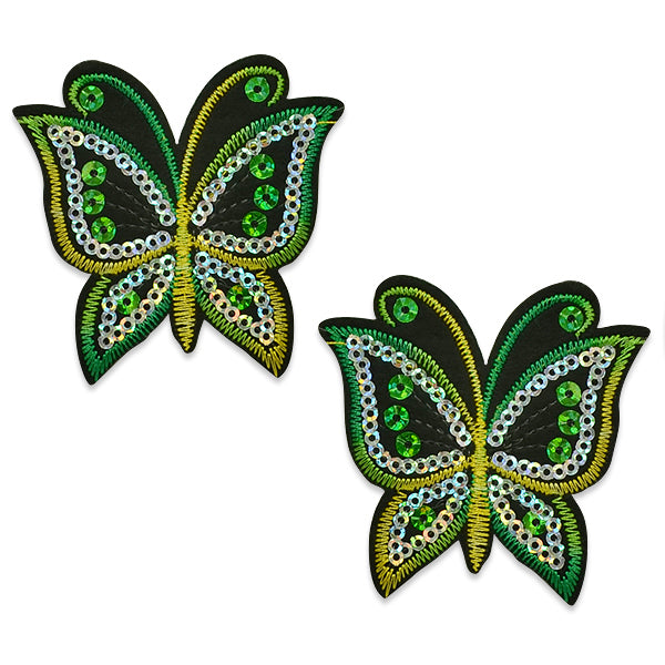 Pair of Brendan Sequin Embroidered Iron On Butterflies Green Appliques
