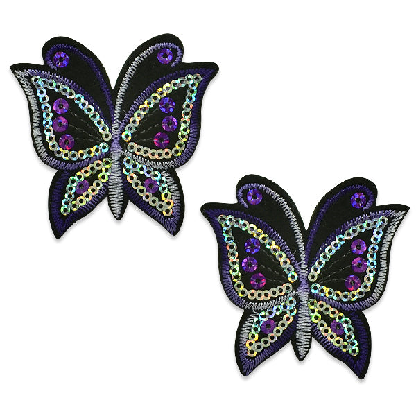 Pair of Brendan Sequin Embroidered Iron On Butterflies Purple Appliques