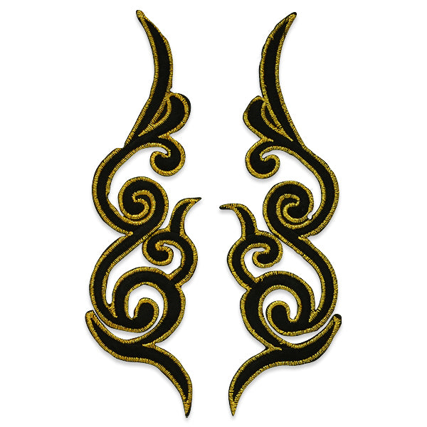 Pair of Caravaggio Scrollwork Iron On Embroidered Applique/Patch - Black/ Gold Appliques