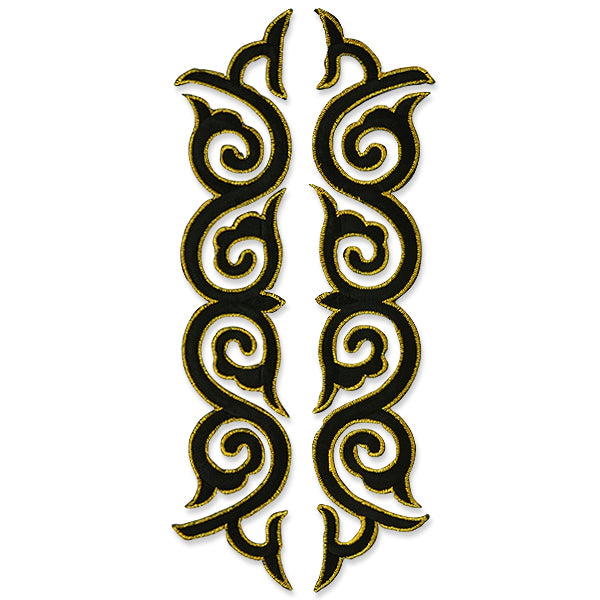 Pair of Artemisia Scrollwork Iron On Embroidered Applique/Patch - Black/ Gold Appliques