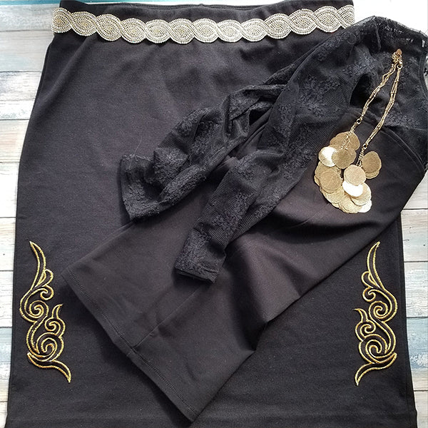 Pair of Artemisia Scrollwork Iron On Embroidered Applique/Patch - Black/ Gold Appliques