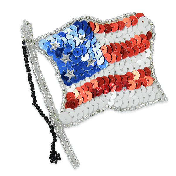 Old Glory American USA Flag Sequin Applique/Patch with Pin - Red White and Blue Sequin & Beaded Appliques