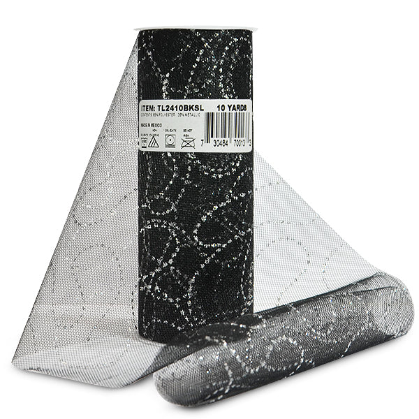 Premium Glitter Curves Tulle Spool of 6" X 10 Yards Black Silver Tulle