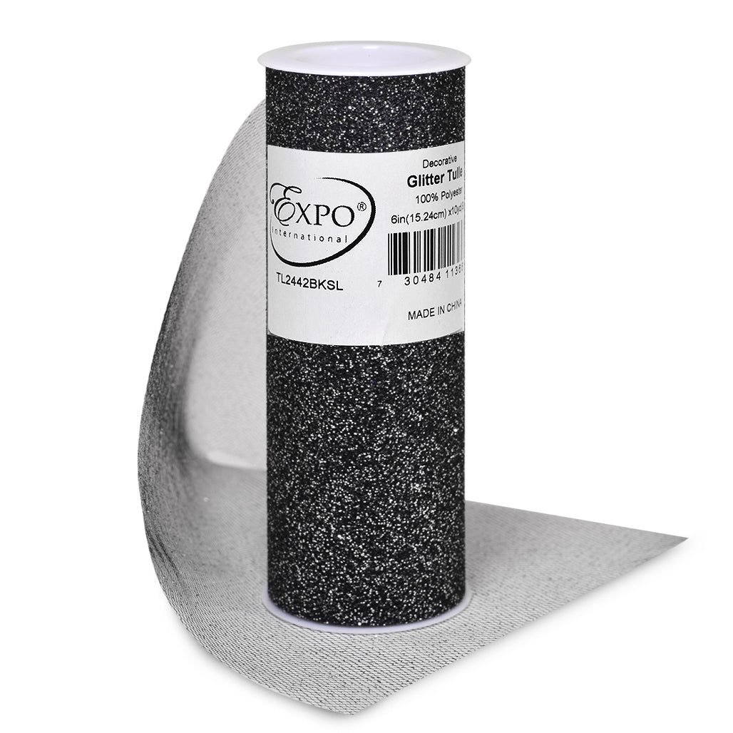 Decorative Glitter Tulle Spool of 6 Inch X 10 yards Black Silver Tulle
