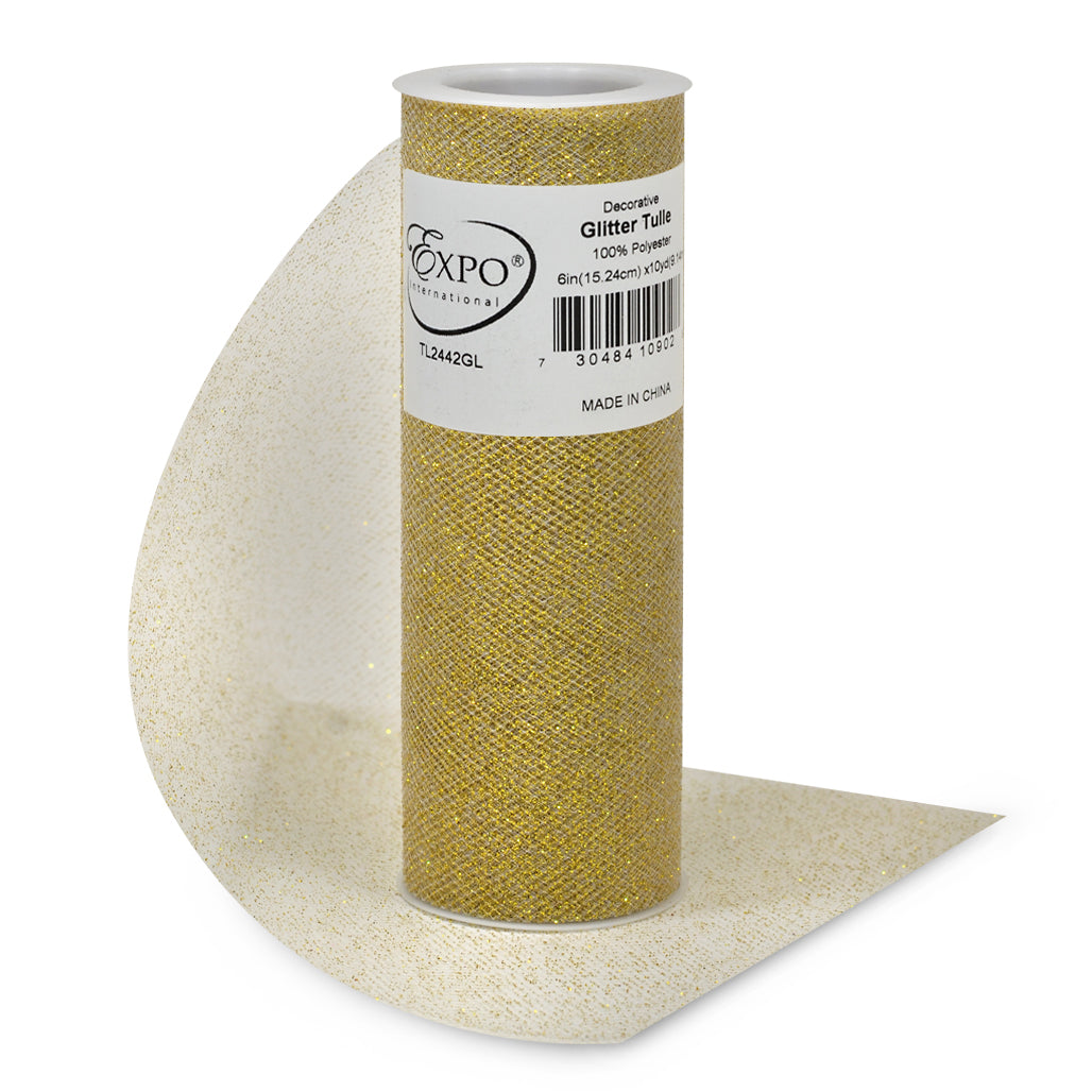 Decorative Glitter Tulle Spool of 6 Inch X 10 yards Gold Tulle