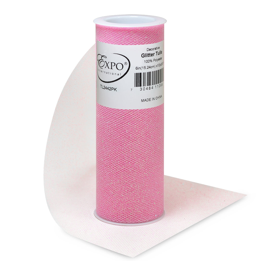 Decorative Glitter Tulle Spool of 6 Inch X 10 yards Pink Tulle