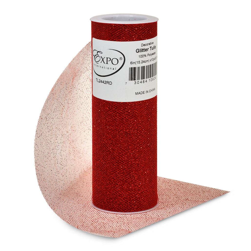 Decorative Glitter Tulle Spool of 6 Inch X 10 yards Red Tulle