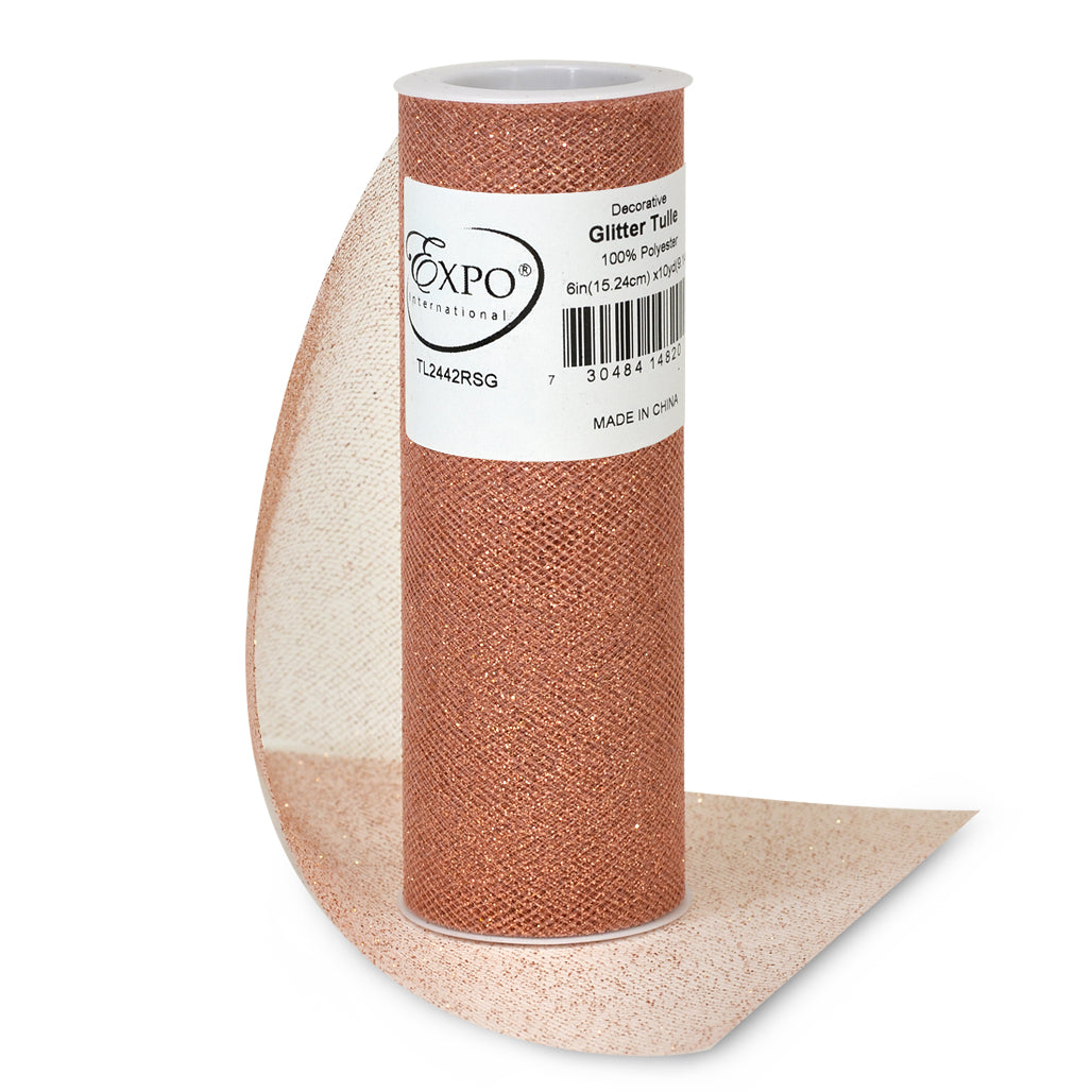 Decorative Glitter Tulle Spool of 6 Inch X 10 yards Rose Gold Tulle