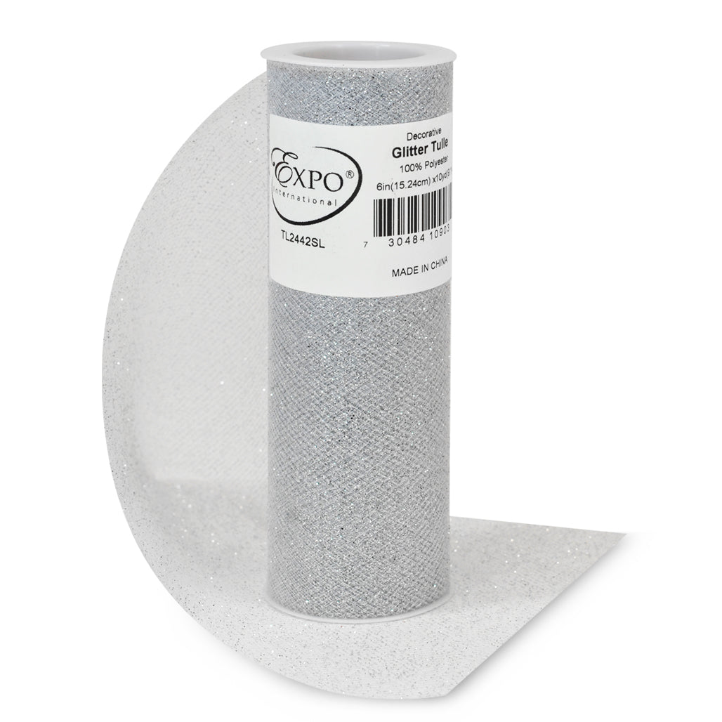 Decorative Glitter Tulle Spool of 6 Inch X 10 yards Silver Tulle