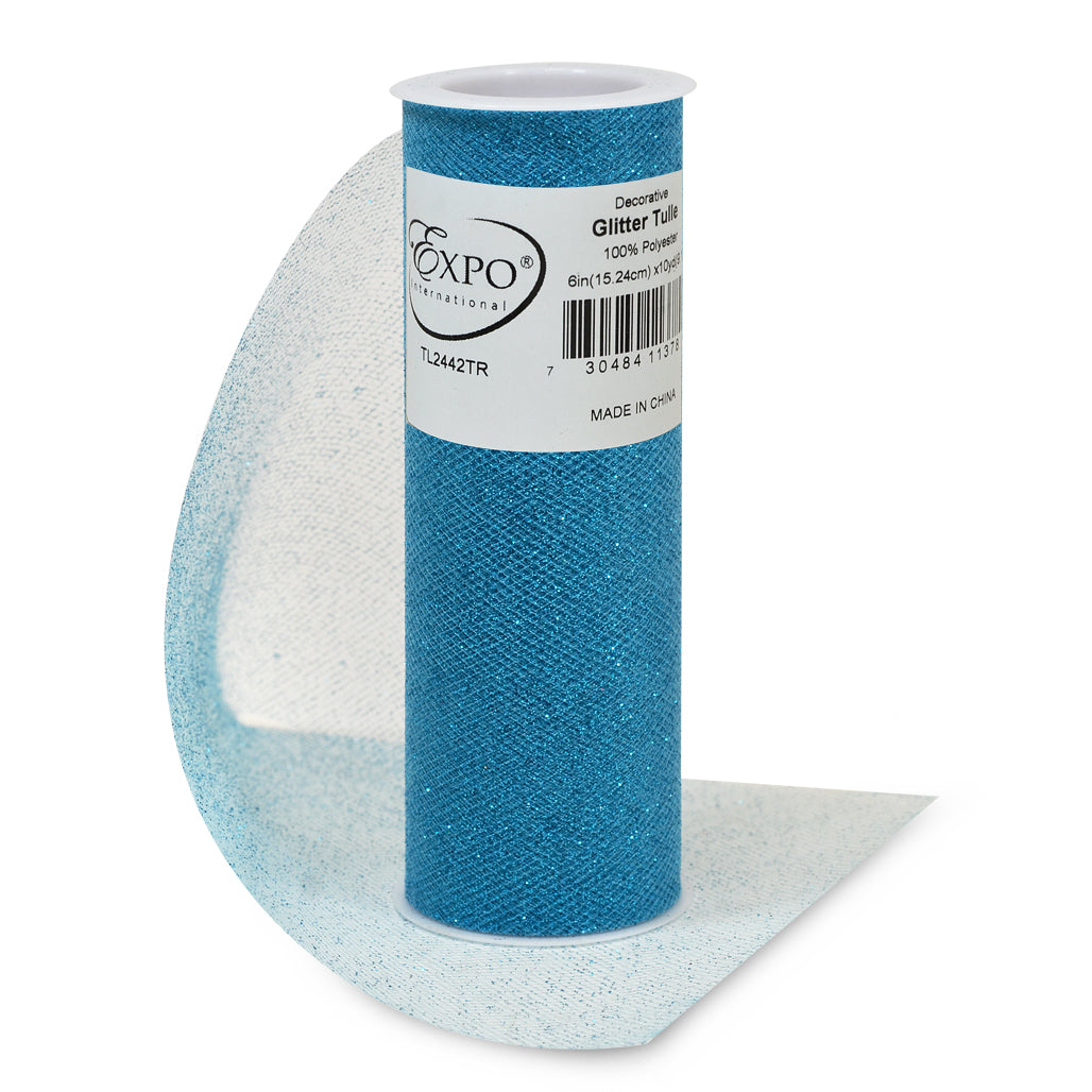 Decorative Glitter Tulle Spool of 6 Inch X 10 yards Turquoise Tulle