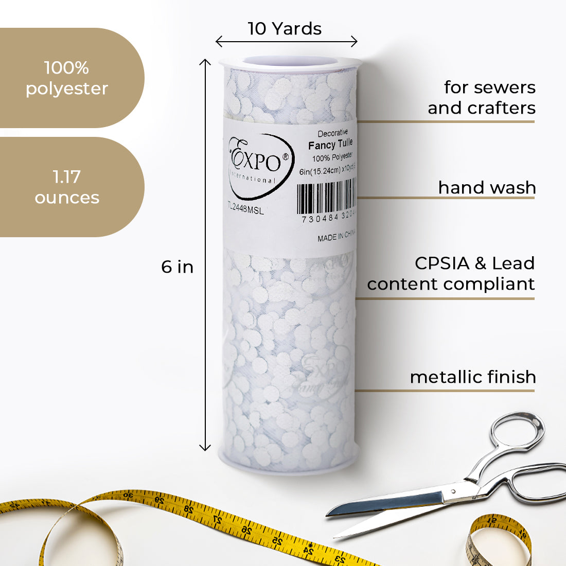 Fancy Tulle with Foil Polka Dot 6 Inch X 10 yard Spool 6" Tulle