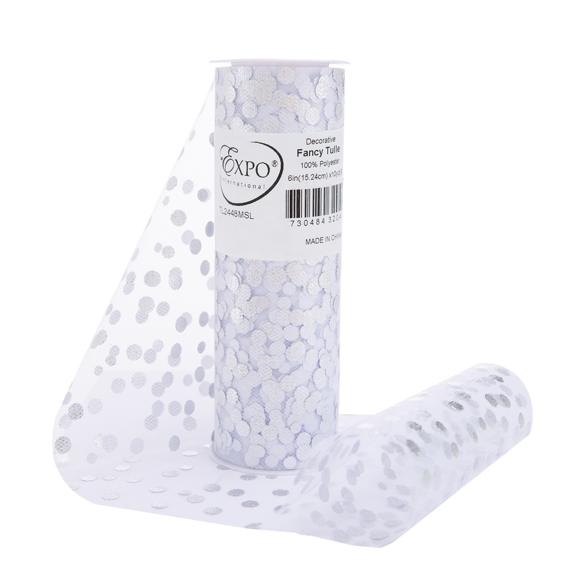 Fancy Tulle with Foil Polka Dot 6 Inch X 10 yard Spool Metallic Silver 6" Tulle