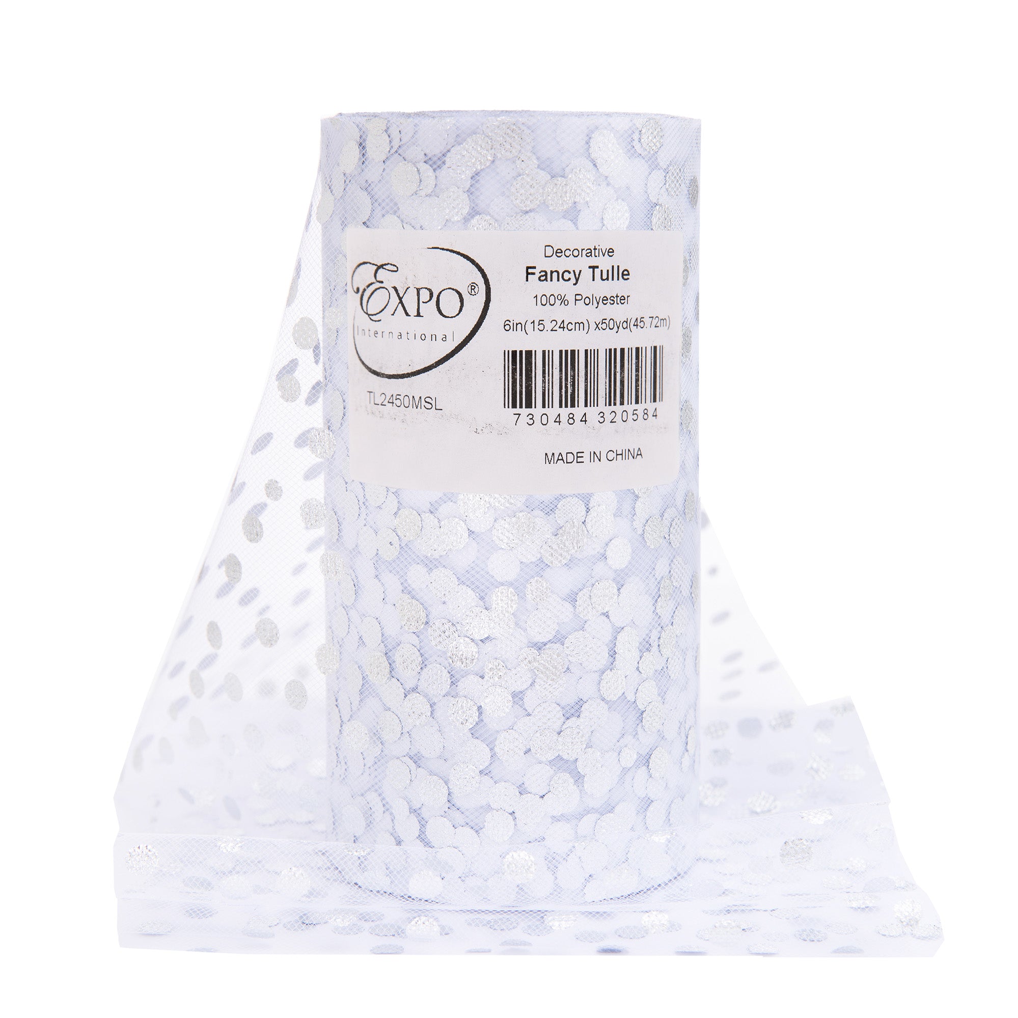 Decorative Fancy Tulle with Foil Polka Dot 6 Inch X 50 yard Spool Metallic Silver 6" Tulle