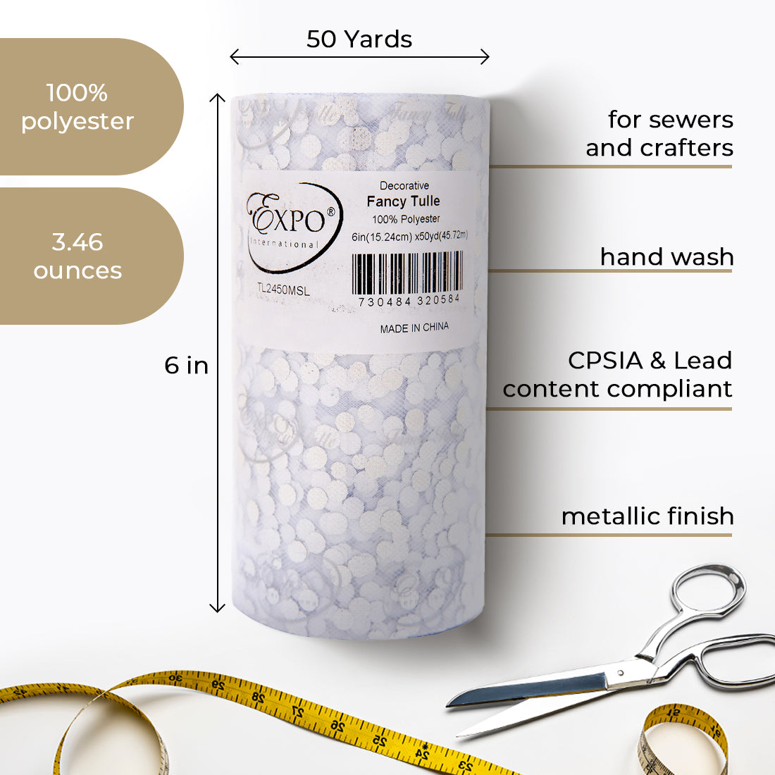 Decorative Fancy Tulle with Foil Polka Dot 6 Inch X 50 yard Spool 6" Tulle