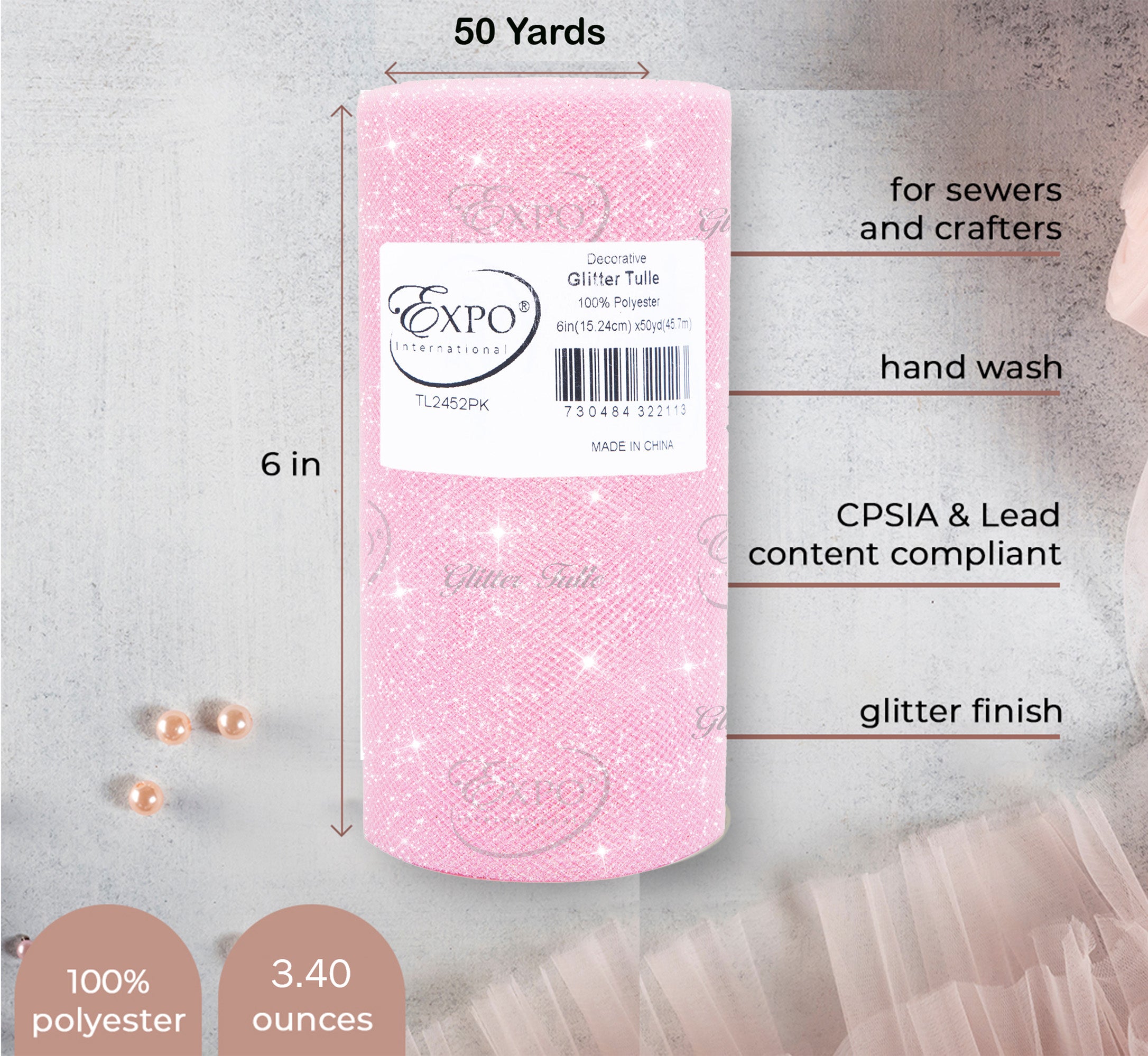 Decorative Glitter Tulle Fabric Rolll of 6 Inch X 50 yards