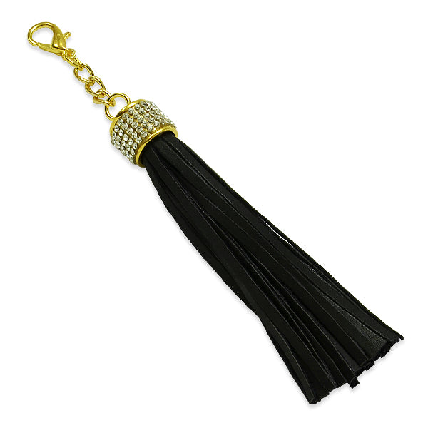 Joyce Rhinestone Leather-Like Tassel Charm w/ Lobster Clasp 4" Black Tassels and Tiebacks