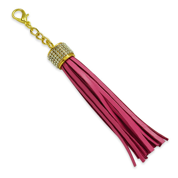 Joyce Rhinestone Leather-Like Tassel Charm w/ Lobster Clasp 4" Fuchsia Tassels and Tiebacks