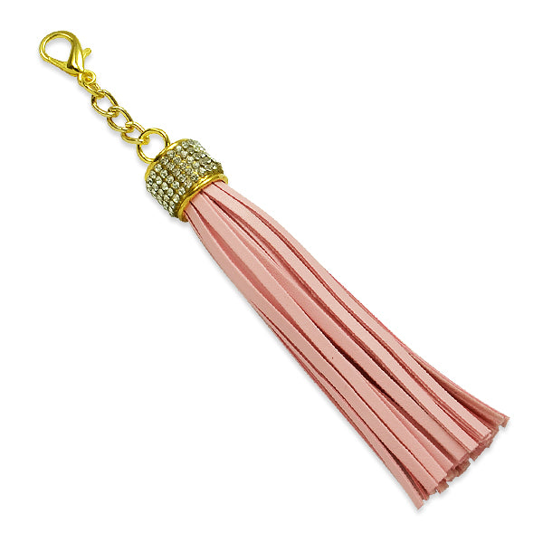Joyce Rhinestone Leather-Like Tassel Charm w/ Lobster Clasp 4" Pink Tassels and Tiebacks