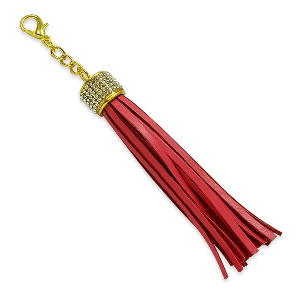 Joyce Rhinestone Leather-Like Tassel Charm w/ Lobster Clasp 4" Red Tassels and Tiebacks