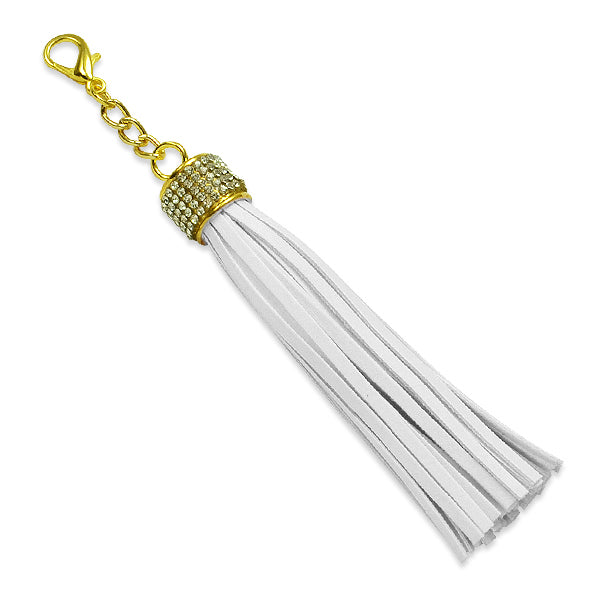 Joyce Rhinestone Leather-Like Tassel Charm w/ Lobster Clasp 4" White Tassels and Tiebacks