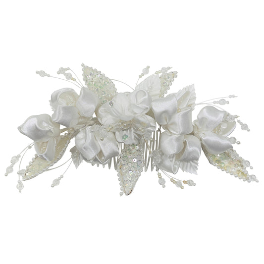 Vintage Bridal Satin Flower with Pearls Head Piece  - Ivory