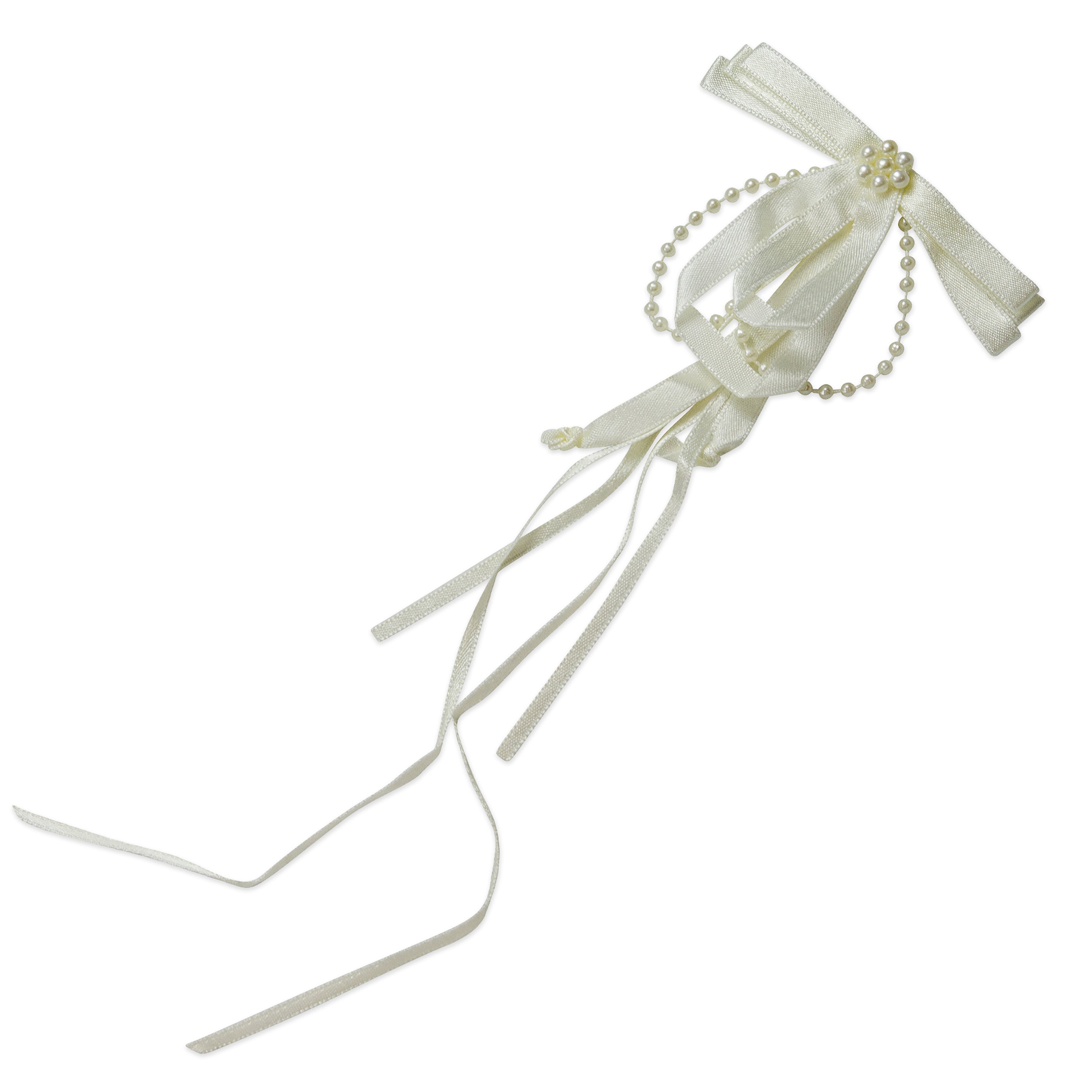 Vintage Satin Bow with Streamers and Pearls Applique  - Ivory