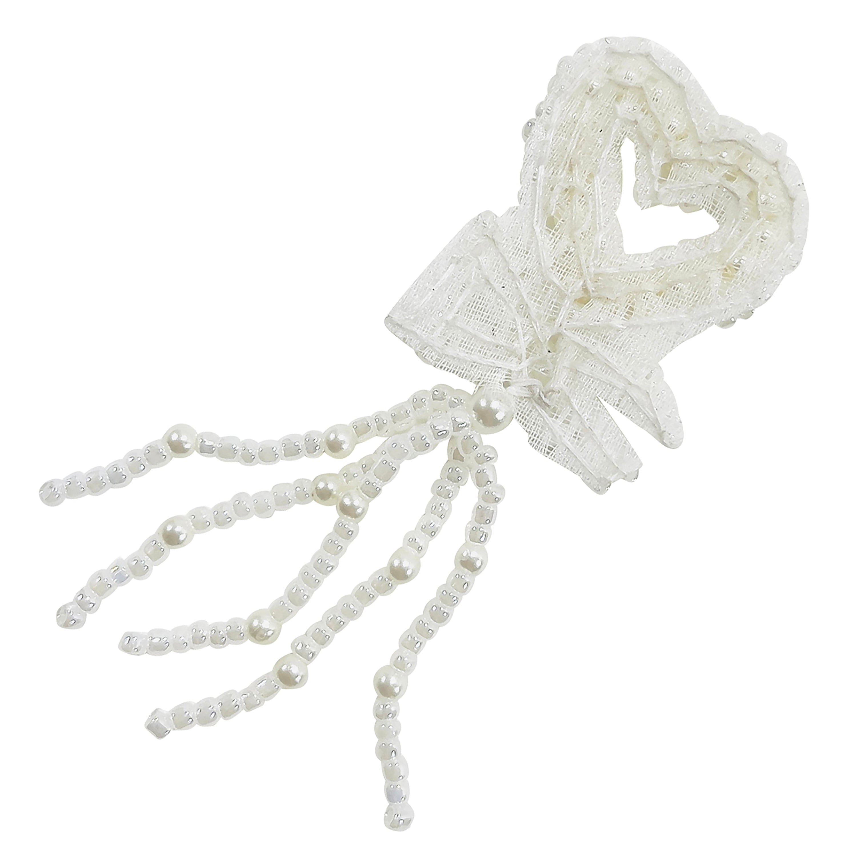 Vintage Bridal Pearl Heart with Fringe Applique  - White