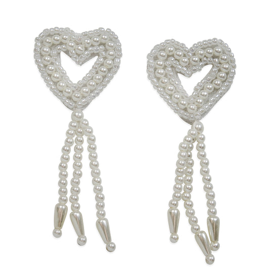 Vintage Dangling Pearl Heart Applique (Pack of 2)  - White