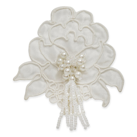 Vintage Bridal Fabric Rose with Pearl Dangles Applique  - White