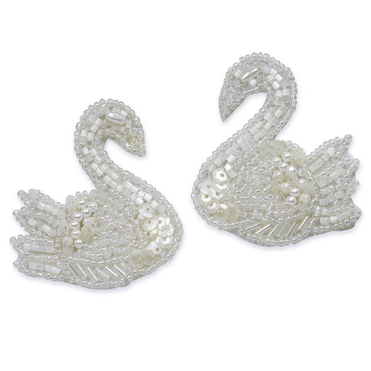 Vintage Bead and Sequin Swan Applique (Pack of 2)  - White