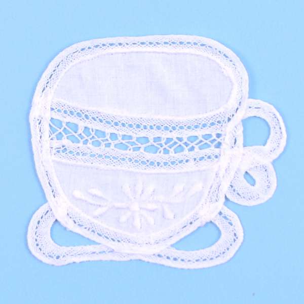 Battenburg Lace Tea Cup Applique                      - White