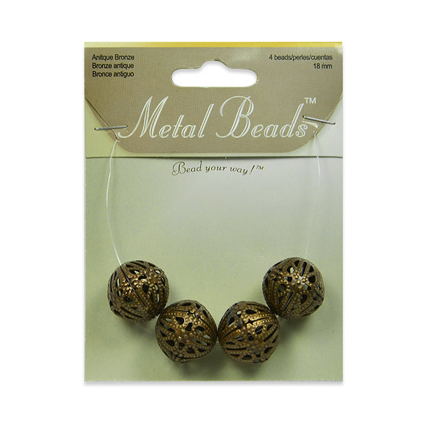 Filigree Metal 18mm Round Beads Pack of 4 - Antique Bronze   - Antique Gold