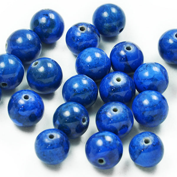 Round Fossil Dyed Lapis Beads - 10mm - 8" Strand   - Blue