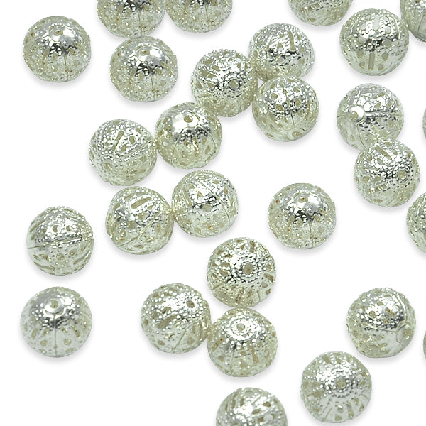 10mm x 10mm Round Filigree Metal Beads 8 Inch Strand   - Silver