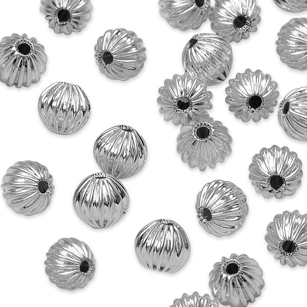 Pleated Metal 8mm Round Beads - Silver Finish 8" Strand (26-28 Beads)