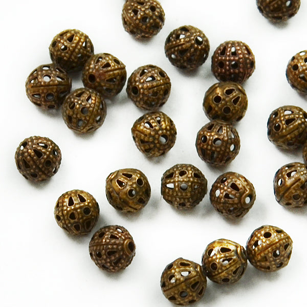 6mm  x 6mm Round Filigree Metal Beads 8 Inch Strand