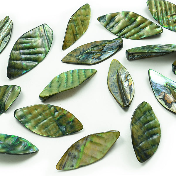 Sea Shell Hand Crafted Leaf Shape 14 Beads (15mm x 45mm) - Teal   - Natural