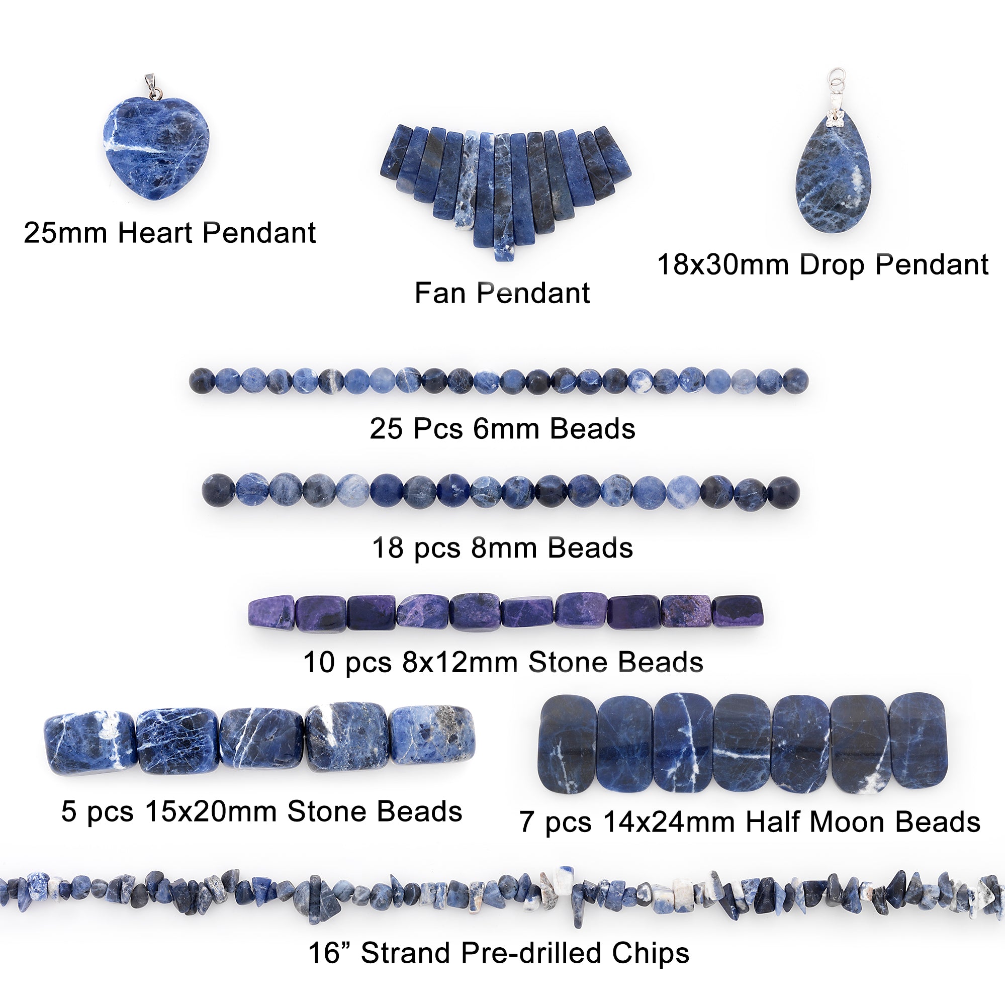 Sodalite Natural Gemstone Beads and Pendants Collection - Value Pack  - Blue