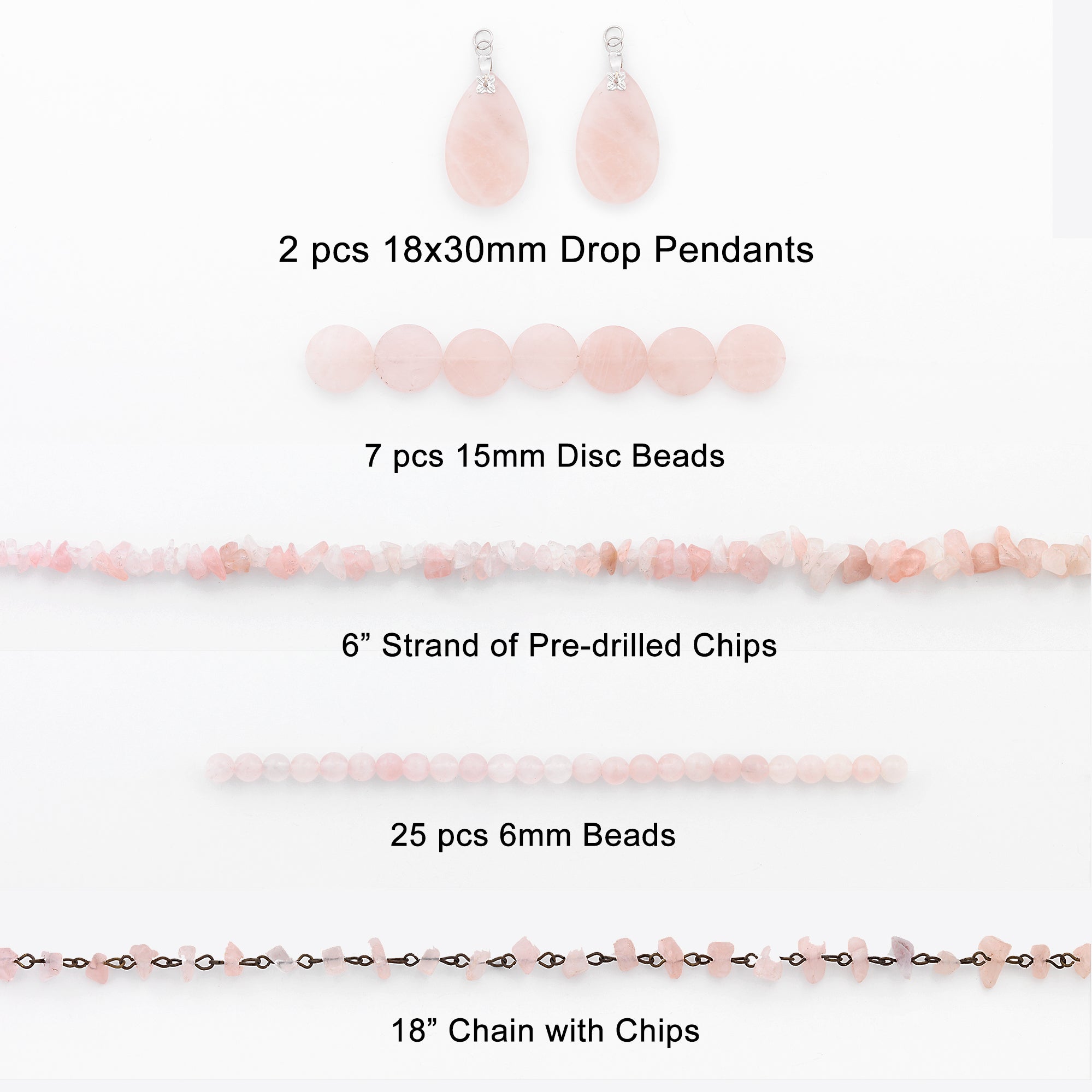 Rose Quartz Natural Gemstone Beads and Pendants Value Pack A  - Pink