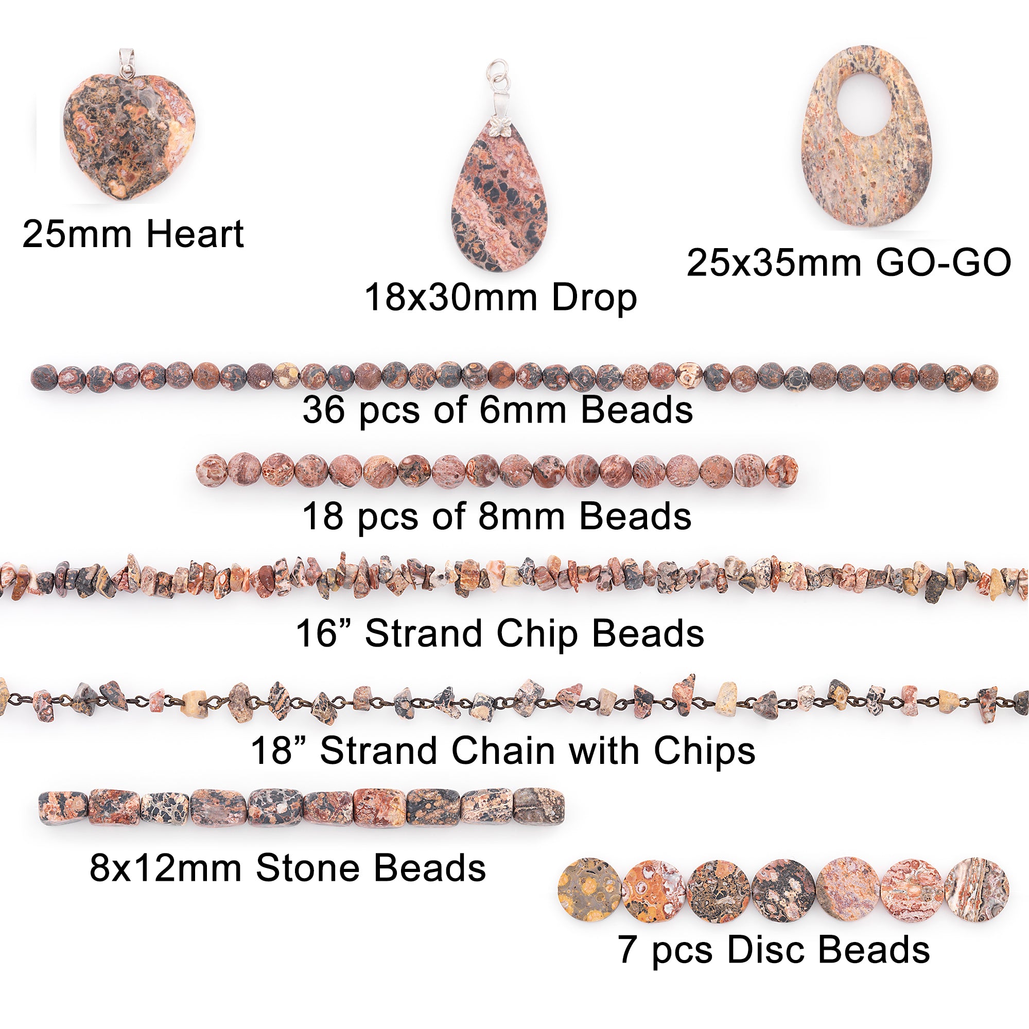 Leopard Jasper Natural Gemstone Beads and Pendants Value Pack  - Red