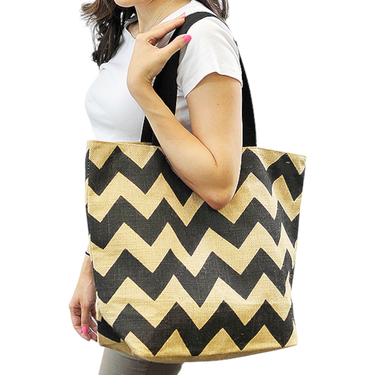 Linwood Bold Chevron Stripe Jute Tote Bag Quilting Essential  - Black